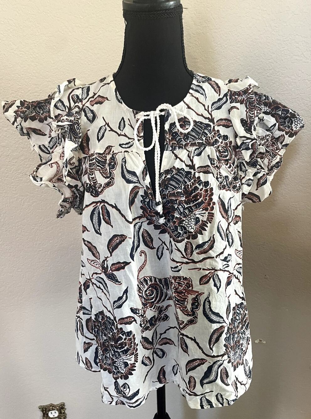 House of Harlow 1960 x Revolve Tiger Block Print Cotton Ruffle Sleeve Blouse L